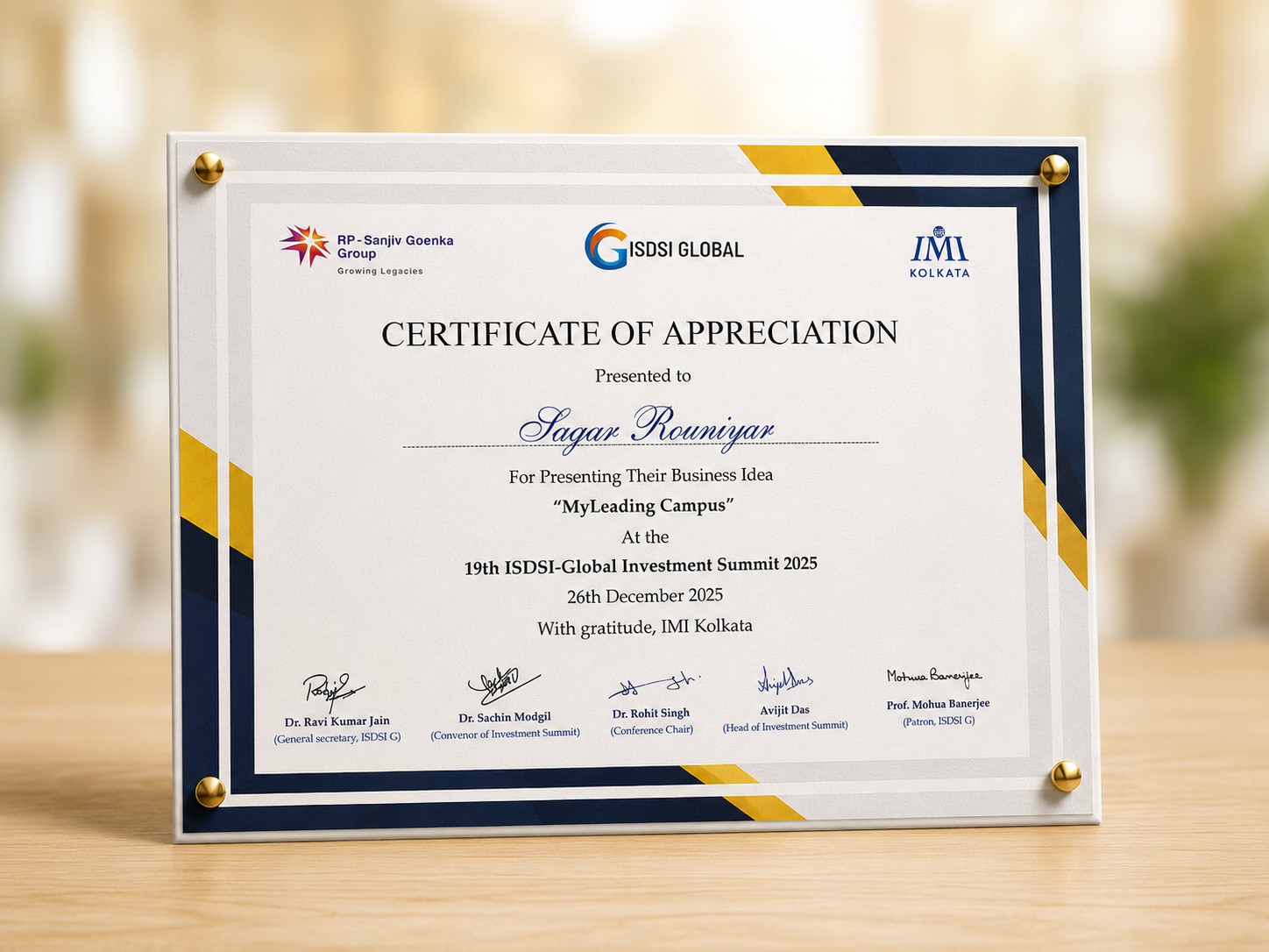 ISDSI-Global Investment Summit 2025 — Certificate of Appreciation